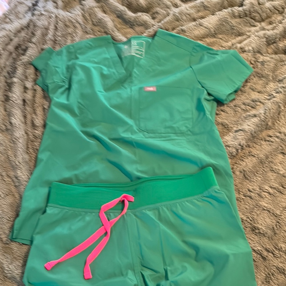 Figs Teal Scrub Set with Neon Pink Accent